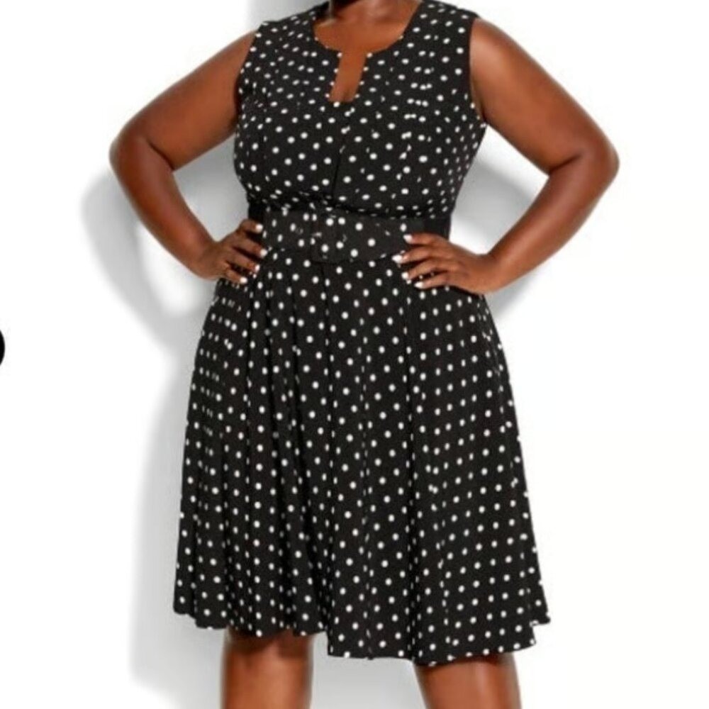 City Chic Dress Vintage Spot Black White Polka Dot Pleated Midi L/20